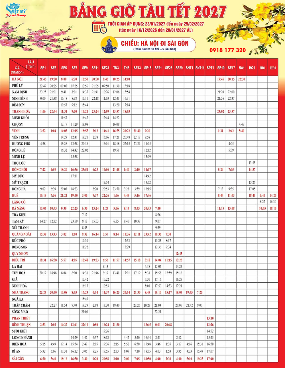 BẢNG GIỜ TÀU TẾT 2027 TUYẾN HÀ NỘI – SÀI GÒN