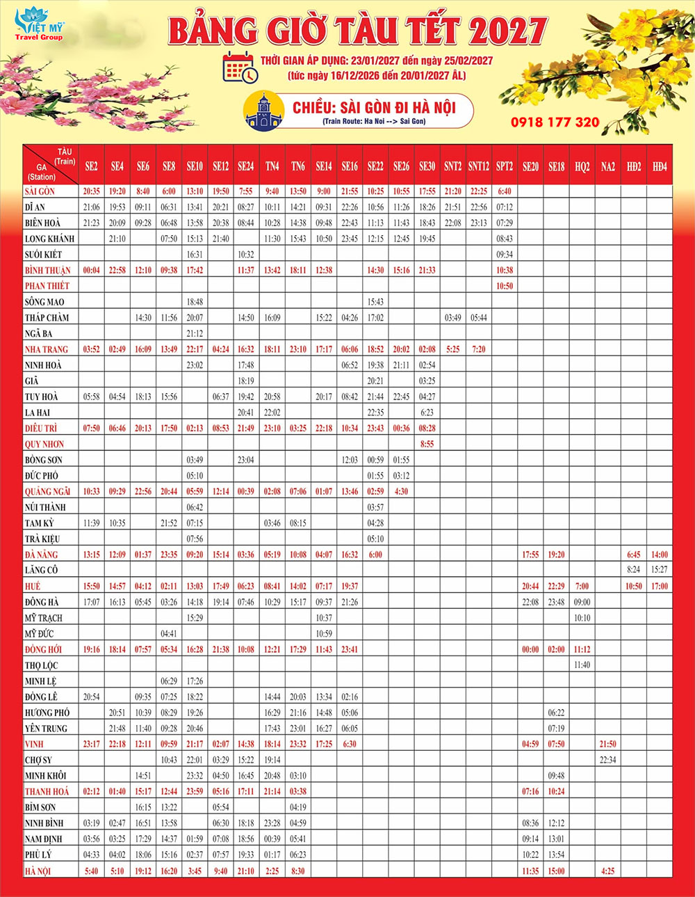 BẢNG GIỜ TÀU TẾT 2027 TUYẾN SÀI GÒN – HÀ NỘI