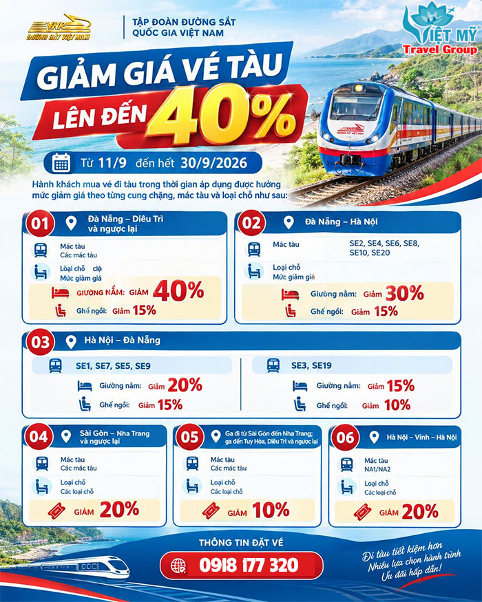 Vé tàu tháng 9 giảm đến 40% - mua ngay tại Việt Mỹ!